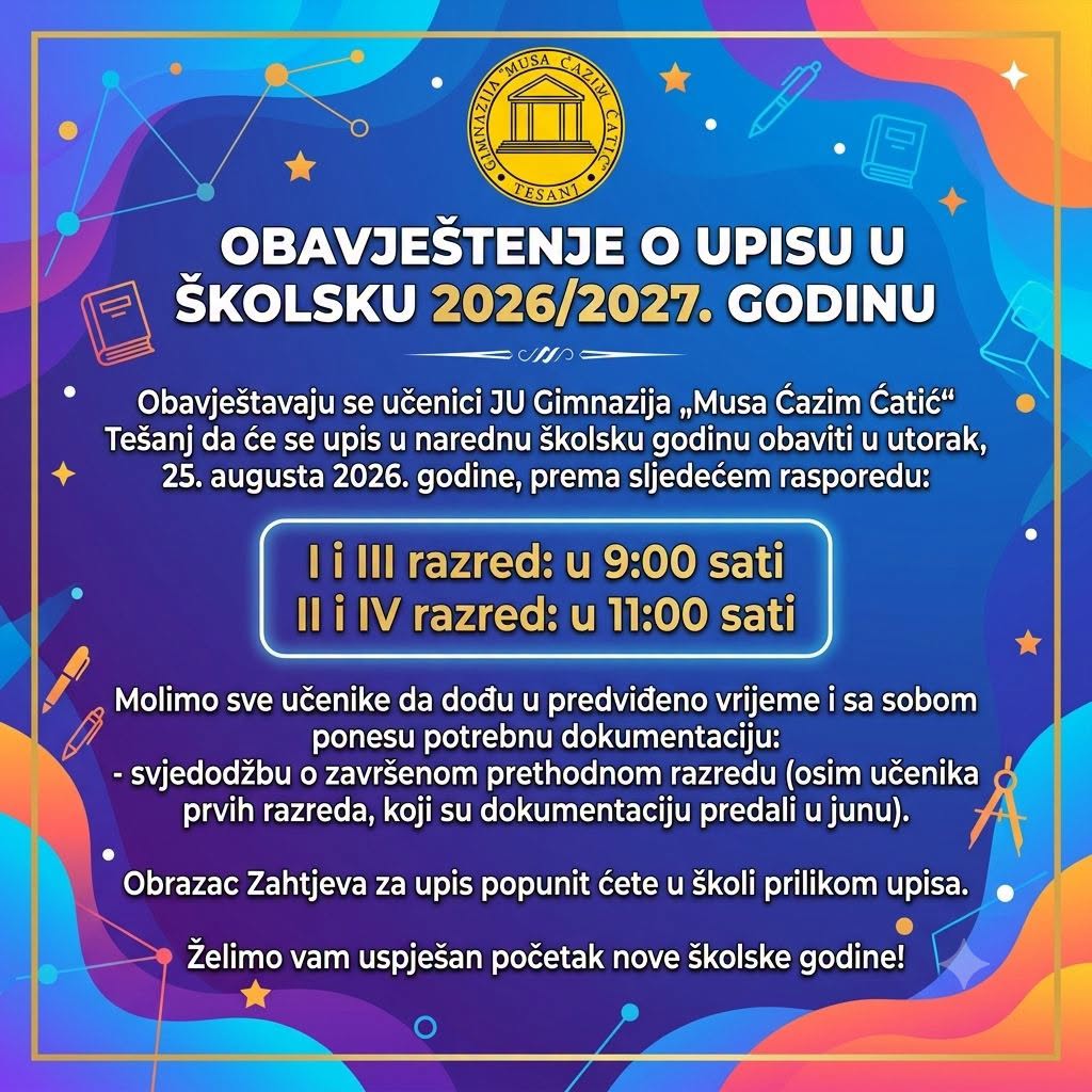 Obavještenje o upisu u školsku 202672027.godinu